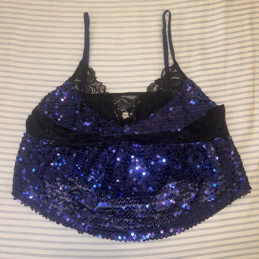 Free People Blue Sequin Cropped Tank